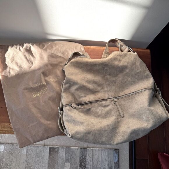 Donald Pliner tan silver hobo bag tote purse suede - Picture 2 of 15